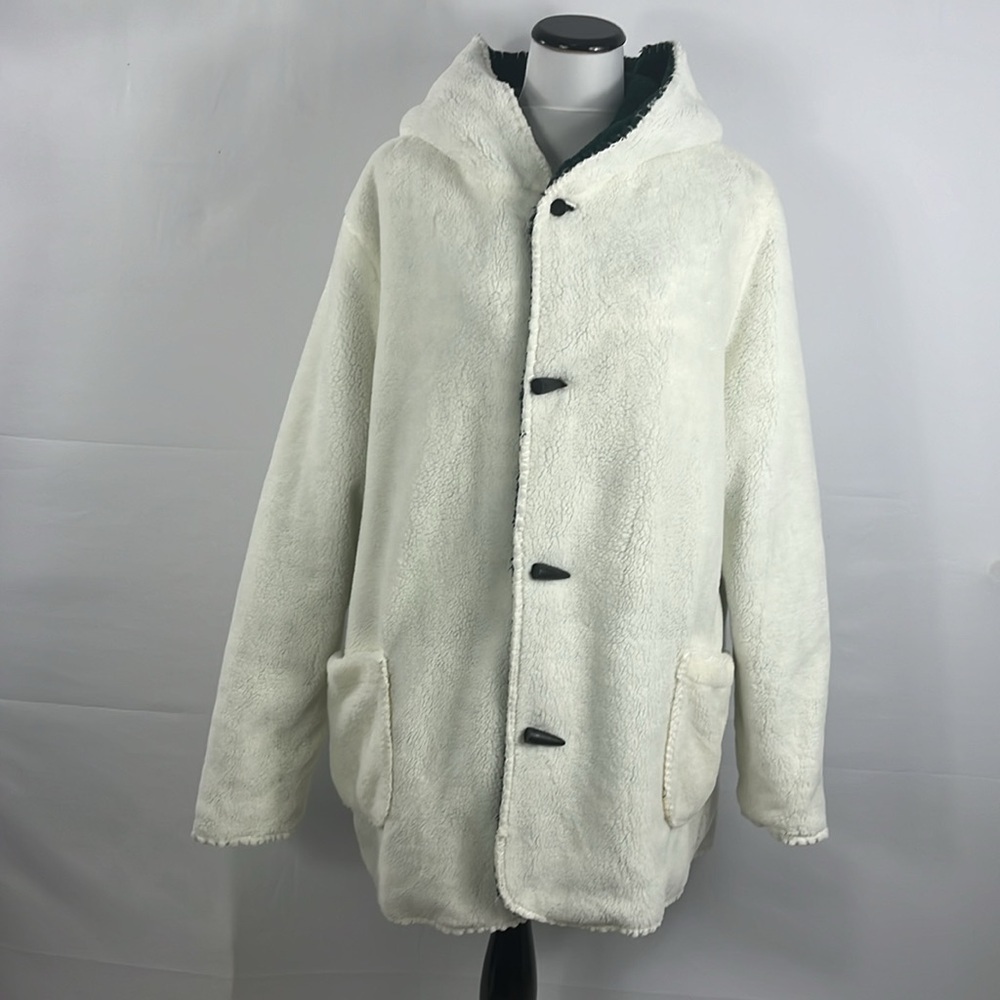 Vintage Nordic Lights Snowflake Green/White Fleece Hooded Reversible Jacket XXL - Picture 9 of 15
